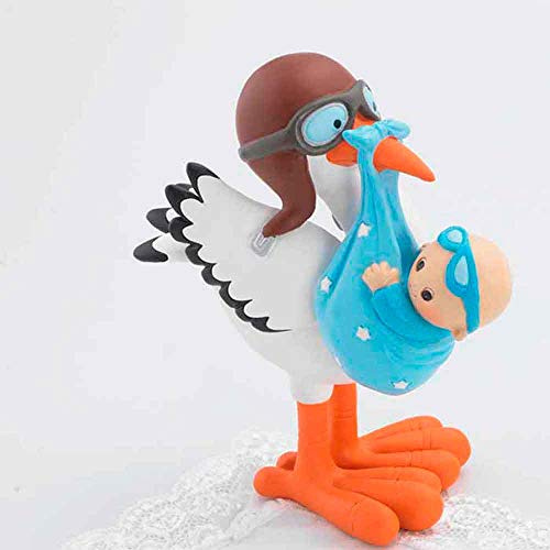 Muñeco para la tarta figura cigüeña con niño gafas azules. Figura tarta Bebé