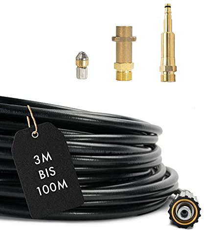 M&M Smartek Rohrreinigungsschlauch 50m, 4-teilig M22/Quick Click | Quick-Click- und Bajonett-Adapter verbinden den M22-Schlauch mit passenden Geräten; rotierende Düse löst Ablagerungen.