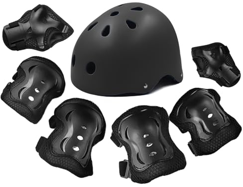 Kids Adjustable Sport Helmet and Knee Pads Set 7 in 1, Kids Adjustable Sport Helmet with Knee Pads Elbow Pads Wrist Guards for Scooter Skateboard Roller Skating Cycling BLACK