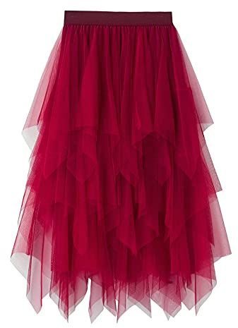 YILEEGOO Women's Tulle Skirt High Waist Tiered Layered Mesh Ballet Prom Party Tulle Tutu A-line Midi Skirt (Red, ONE Size)