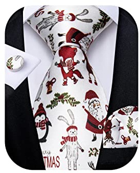 DiBanGu Herren Weihnachts-Krawatten, Seide, bedruckt, festliches Muster, Krawatte, Einstecktuch, Manschettenknöpfe, Set für Weihnachten, Party, Urlaub,Rot Christmas Bunny, Einheitsgröße