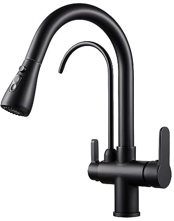 KEOKBON 3 Way Drinking Water Kitchen Tap with Pull Down Spray Head, 3 in 1 Drinking Water with 360° Swivel High Arc Extendable(46cm) Spout for Reverse Osmosis or Water Filtration System,Matte Black