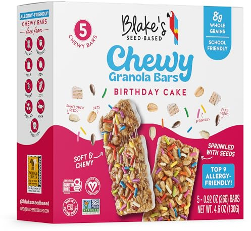 Blake’s Seed Based Chewy Granola Bars — Birthday Cake (5 Count), Vegan, Gluten Free, Nut Free & Dairy Free, Healthy Snacks for Kids or Adults, School Safe, Low Calorie Soy Free Snack