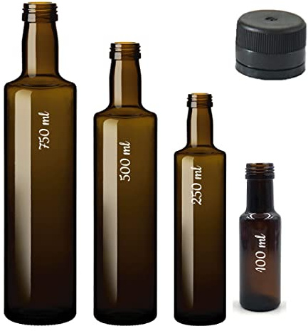 ESENCIA ANDALUSI Leere Flaschen, Weinflasche, Likörflasche, Ölflasche, Bierflasche, Glas, Deckel, Glasflasche, 750 ml, 500 ml, 250 ml und 100 ml (750 ml, 12 Stück)