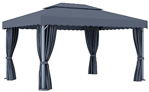 Keketa Outdoor Gartenpavillon, 2-stöckiger Dachpavillon mit Vorhang und LED-Lichterkette, Outdoor Gartenmuschel mit Moskitonetz für Terrasse, Hinterhof und Rasen Wasserdicht 4x3m Anthrazit