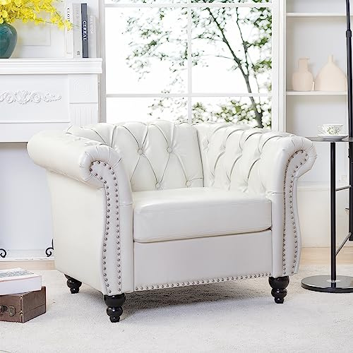 Sybrioka 39 Chesterfield Single Sofa Chair, Faux Leather Upholstered Accent Armchair Sofa with Tufted Back, Roll Arm 1 Seater Couches for Living Room Bedroom Furniture,Office (White + PU)