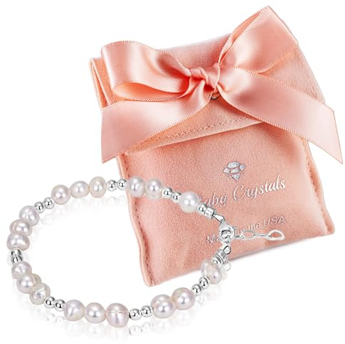 Baby Crystals Freshwater Cultured Pearl Bracelet, Baby Bracelets for Infant Girls and Boys, Sterling Silver Jewelry keepsake Baby Shower 1st Birthday Girl, 1 Year Old Girl Gifts, Toddler Birthday Gift