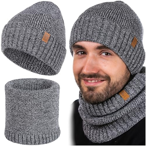 HEYO Beanie Herren Winter Set Mütze Warme Schlauchschal angenehme Strickmütze Wintermütze Weiche Übergangsmütze mit Bündchen Schal Rundschal Halswärmer 2er Set (Grau)