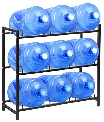Soporte para jarra de agua de 5 galones para 9 jarras de agua sin tambalearse, nuevo estante de almacenamiento de 3 niveles resistente mejorado para el hogar, oficina y garajes, color negro