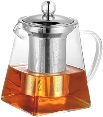 Tetera cuadrada de vidrio con infusor, tetera para uno, tetera transparente, fácil de limpiar, tetera de vidrio de borosilicato segura para estufas, tetera de vidrio para té floreciente, té suelto, té