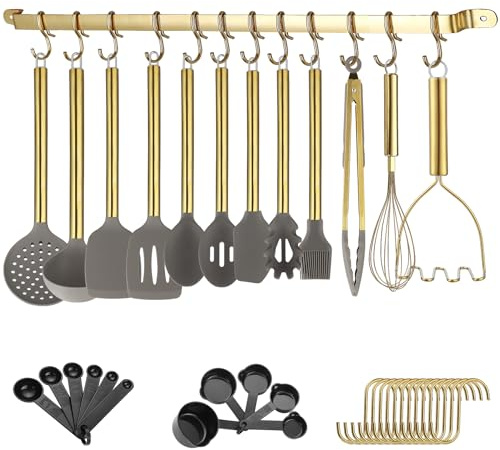 Set di utensili da cucina d'oro, Kyraton set di 38 pezzi di utensili da cucina in silicone con portautensili, set di cucchiai e spatole, gadget da cucina antiaderenti, lavabili in lavastoviglie