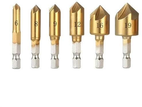 PFRANK Senker-Bohrer-Set – 6 Stück, 1/4 Zoll Sechskantschaft, 90 Grad, 5 Nuten, HSS-Anfas-Körner-Schneidwerkzeug for Holz, schnelle Bearbeitung