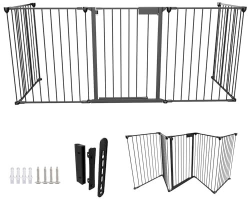 Hebitod Kaminschutzgitter mit Tür Metall Welpenlaufstall Schutzgitter Treppe Treppengitter Babygitter Sicherung Hundelaufstall (1 Stück 310cm Schwarz)