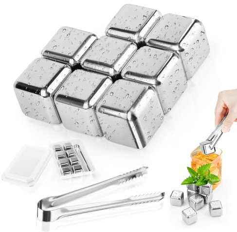 Eiswürfel Edelstahl，8 Stück Wiederverwendbare Edelstahl Eiswürfel mit Zange，für Whisky, Wodka, Likör, Wein, Getränkesaft oder Limonade