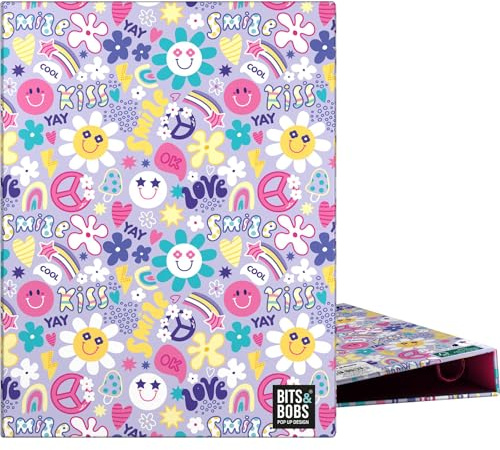 Grafoplas - Cartella ad anelli A5, 4 anelli rotondi 20 mm, plastica morbida, design Bits&Bobs Pop Up Design, Smile, perfetta per documenti in camera, certificato FSC