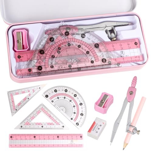 Compass Geometry Tool Protractor and Compass Set with Metal Box Drawing Compass with Rulers Math Compass Kit for Class Supplies and School 8 Piece