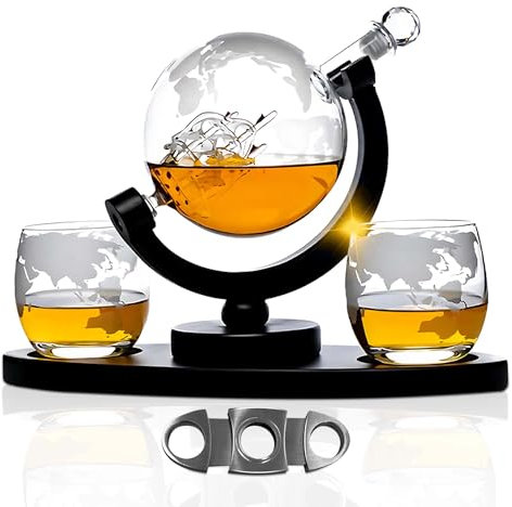 Whiskey Dekanter mit Zigarrenschneider Set - Elegantes Globus-Design mit geätzter Weltkarte, inklusive 2 geätzten Gläsern und Premium Zigarrenschneider aus Edelstahl