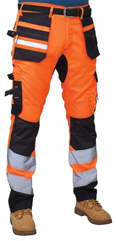 HASHOOB TRADING FZE Men’s Hi Vis High Visibility Work Trousers with Reflective Tape Multi Pocket Pants (K1HV-OR1, 36W X 32L) Orange