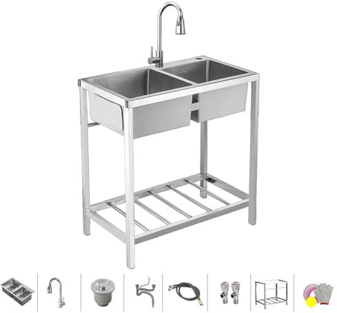 Edelstahl Spültisch Gastro,Spültisch 304 Edelstahl Mit 2 Becken,Küchenspüle Aus Edelstahl Mit Wasserhahn,Spültisch Gastro,Outdoor Garage Garten Camping Keller Ausgussbecken Mit Abfluss Sieb(81x43x75cm