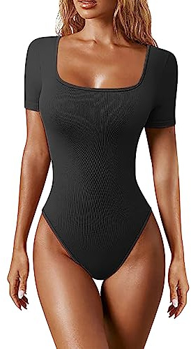Shapewear Damen Body Bauchweg Bodysuit Formender Shaping Body kurze Ärmel Sculpting Ribbed Body Shaper T-Shirt mit Tanga Sportlicher Tanz-Body für Frauen