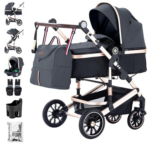 Daliya® NEOMOVE 3in1 Kinderwagen, Buggy & i-Size Babyschale | Alu-Rahmen | Reisekinderwagen & Sportwagen | Großer Einkaufskorb | Stadt & Gelände (Gold-Dunkelgrau)
