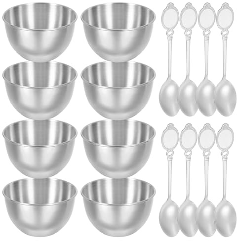 sourcing map Kit di 8 piatti per salse in acciaio inox da 8 cm, piatti e cucchiai, tazze per condimenti, ciotole per sushi, piattini per miscelazione, antipasti, ciotole per contorno, argento