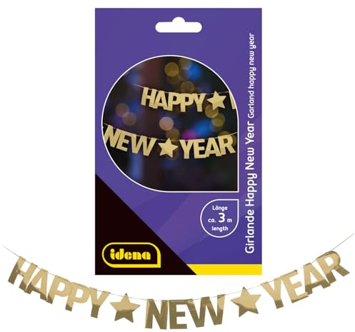 Idena 30419 - Girlande Happy New Year, ca. 3 m lang, Papiergirlande mit goldenen Buchstaben, Silvesterdeko zur Neujahrsparty