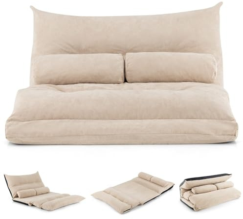 FantASK Vikbar golvsoffa, 3-i-1 bäddsoffa med sovfunktion och justerbart ryggstöd, bäddsoffa med 2 ländryggskuddar, vikbar soffa, sovfåtölj för vardagsrum och sovrum (beige)