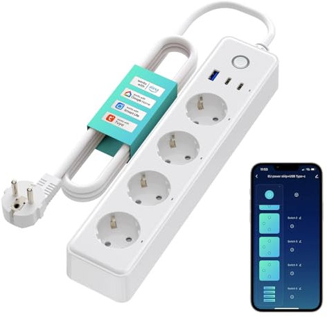 Smart WiFi Steckdosenleiste,Mehrfachsteckdosen lang 1.5m mit Überspannungsschutz, 4 AC-Ausgänge, 1 USB und 2 TypeC Anschlüsse, Alexa, Google Home Sprachsteuerung und Smart Life App-Fernbedienung