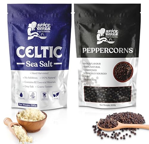 Spice Girls Ingredients Celtic Sea Salt & Whole Black Peppercorns Duo (500g) | 100% Pure Gourmet Cooking Spices | Hand-Harvested Premium Seasoning Set | Perfect for Grilling, Roasting & Everyday Use
