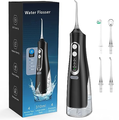 Leistungsstarke Munddusche Elektrischer Zahnreiniger 4 Modi & 4 Düsen Kabellose Munddusche IPX7 Wasserdicht Wasser Flosser 310ML Abnehmbarer Wassertank für Ten Heim- und Reisegebrauch M03