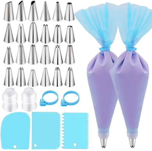 FANTEXY 33 Pieces Piping Bags and Tips Set,Reusable Cake Decorating Supplies with 2 Pastry Bags,24 icing tips,2 Couplers,2 Silicone Rings and 3 Scrapers,Frosting Piping Kit for Cupcake,Cookie