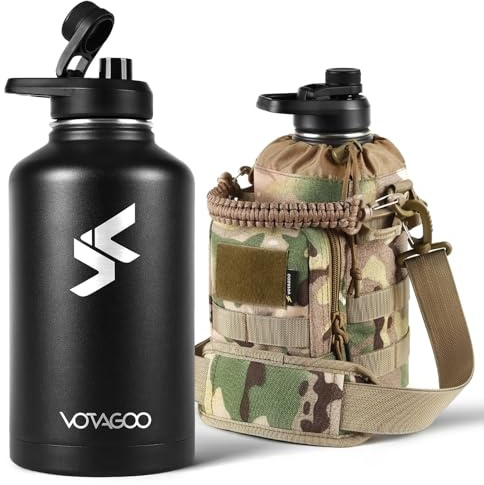Borraccia tattica da 1,9 litri, in acciaio inox, isolata, in metallo, militare, con robusta custodia rimovibile, borsa tattica per escursionismo, campeggio, caccia