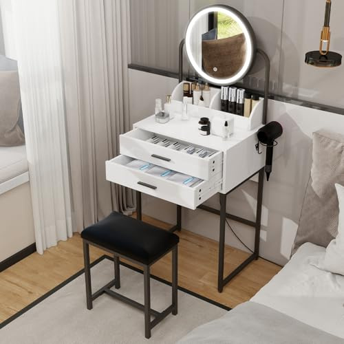 YU YUSING Tocador con Espejo LED, Tocador de Maquillaje con Taburete | 2 Cajones 2 Compartimentos Abiertos, Iluminación Ajustable, Mesa Cosmética para Dormitorio, Moderno, Blanco y Negro
