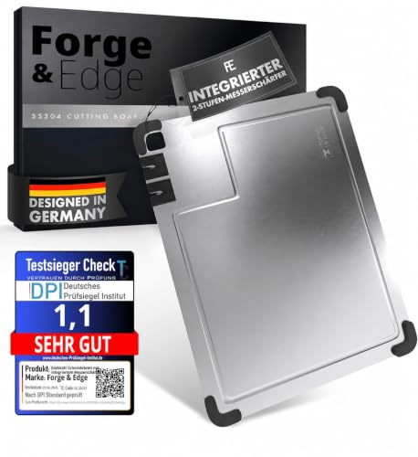 FORGE & EDGE Schneidebrett Edelstahl - Premium cutting board mit integriertem Messerschärfer, Saftrille & rutschfesten Silikonecken - hygienisches Schneidebrett - 38x28cm