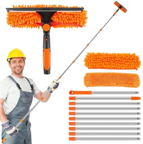 4,5M Fensterwischer mit Teleskopstange, 2-in-1 Fensterreiniger Set mit 10 Verlängerungsstangen, 2 Mikrofasertücher und Gummiabzieher, Teleskop Fensterwischer für Bad, Dusche, Glas, Spiegel, Auto
