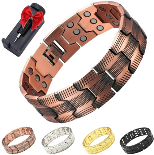 Bracelet magnétique en cuivre ultra résistant à trois rangées, bracelet en cuivre léger réglable pour homme, bracelet d'énergie de santé avec outil de retrait, Eine Grösse, Cuivre, Pas de gemme