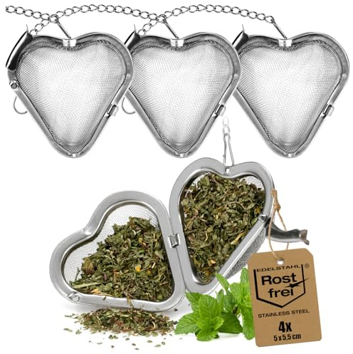 Robin Goods® 4x Edelstahl-Teesieb - Tee-Ei in Herzform 5,5 cm - Sieb-Filter für losen Tee, Kräuter & Gewürze - Teefilter - feinmaschig & pflegeleicht - Teefilter mit Kette