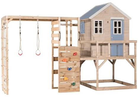 Wendi Toys M21PB-G Cabane sur pilotis avec Mur d’Escalade, Filet à Grimper et Barres de Gym, Tour de Jeu en Bois FSC pour Enfants, 197×356×242 cm, avec échelle et Monkey Bar, Bleu