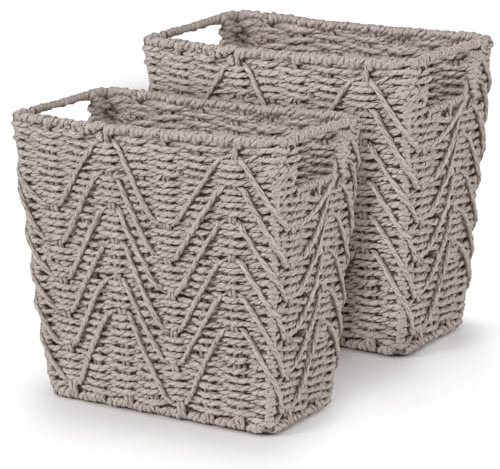 Woodluv Set of 2 Handwoven Rectangular Paper Rope Bins, Decorative Wastepaper Baskets for Home, Closet, or Office Organization, Durable, Stylish & Functional Storage Solution - Grey