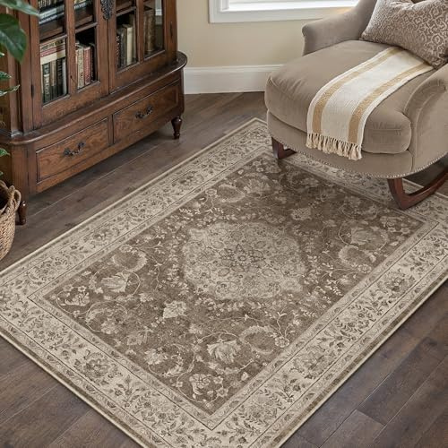 PureCozy Braun Teppich Wohnzimmer 120x170cm Waschbarer Vintage Tepiche | Rutschfest Kurzflor,Weich Teppiche,Wohnzimmerteppich,Schlafzimmer,Esszimmer,Büro,Kinderzimmer