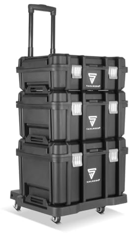 STAHLWERK Chariot à outils avec trois boîtes – chariot à outils mobile avec poignée télescopique, verrous métalliques et grand espace de rangement, système de rangement flexible pour atelier, garage