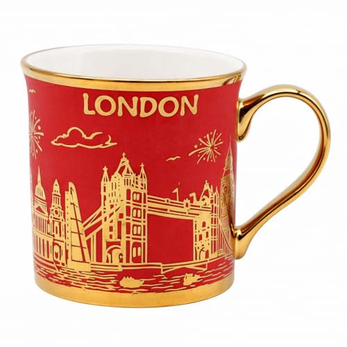 JRose Collections London Souvenir - Taza de porcelana fina de 300 ml, diseño de horizonte rojo y dorado, taza de té y café de cerámica con mango dorado metálico, taza coleccionable de London Landmarks