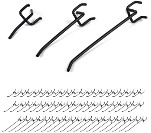 TIANLIN 60 Pièces Crochet Panneau Perforé, Noir Crochets Muraux Perforés 5cm/10cm/15cm, Conception à 3 Pieds, Accessoires pour Panneaux Perforés Adapté Entraxe 25 mm, pour Maison, Magasin, Atelier
