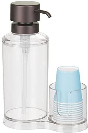 mDesign Dispensador de Bomba Transparente para Enjuague bucal, Ayuda Ideal para la higiene bucal, Soporte Integrado para Vasos de cartón y plástico, Capacidad máxima de llenado 581 ml