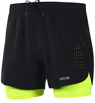 ARSUXEO Laufhose Herren Am Laufen Kurze Hose Gym Shorts mit Kompressionshose 2 in 1 Laufshorts für Fußball, Basketball oder das tägliche Leben B179 grün L