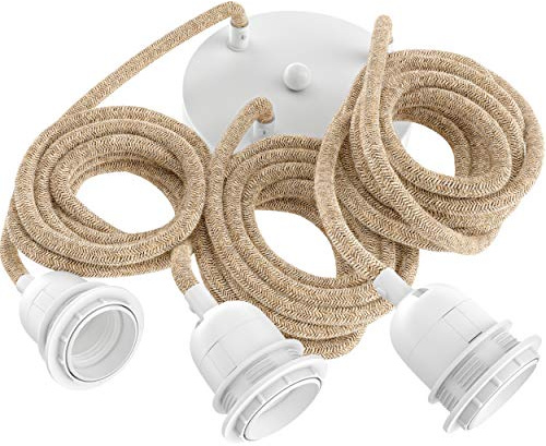 Hoopzi Hang Pendelleuchte, 3-flammig, 2,5 m Textilkabel | E27-Fassung, Stahlbaldachin, DCL-kompatibel, für Schlafzimmer, Wohnzimmer und Küche, Farbe: Seil und Weiß