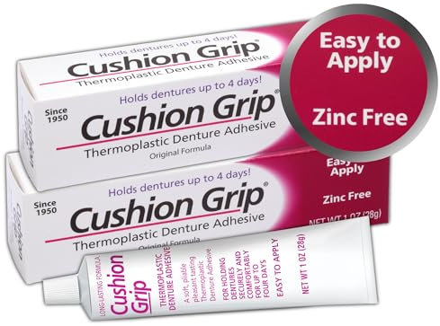Cushion Grip Thermoplastic Denture Adhesive, 1 oz - Refits and Tightens Loose and Uncomfortable Dentures | Non-Glue Adhesive, Acts Like a Soft Reliner (Pack of 2)