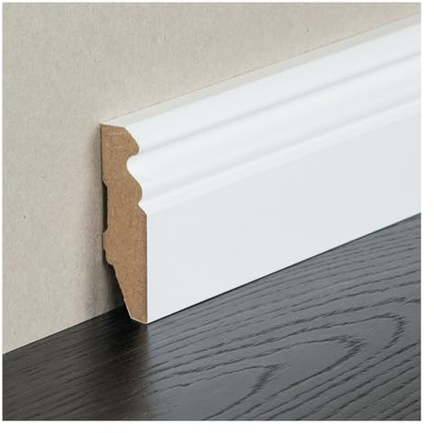 HORI Sockelleiste Weiß RAL 9016 - MDF Fußleiste - Hamburger Profil - 16 mm stark, 2500 mm lang - Wandabschluss - Bodenleiste für Laminat, Parkett & Vinyl 115