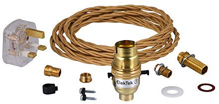 ElekTek Premium UK B22 Lamp Refurbishment Fixing Kit, Solid Brass Safety Switch Bayonet Lamp Holder, Comprehensive Fittings Pack, 13A Plug (3A Fuse), Gold Twisted Braided Fabric 3-Core Lighting Flex